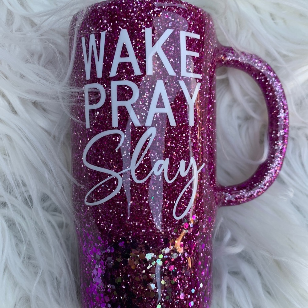 Wake pray slay glitter travel mug tumbler